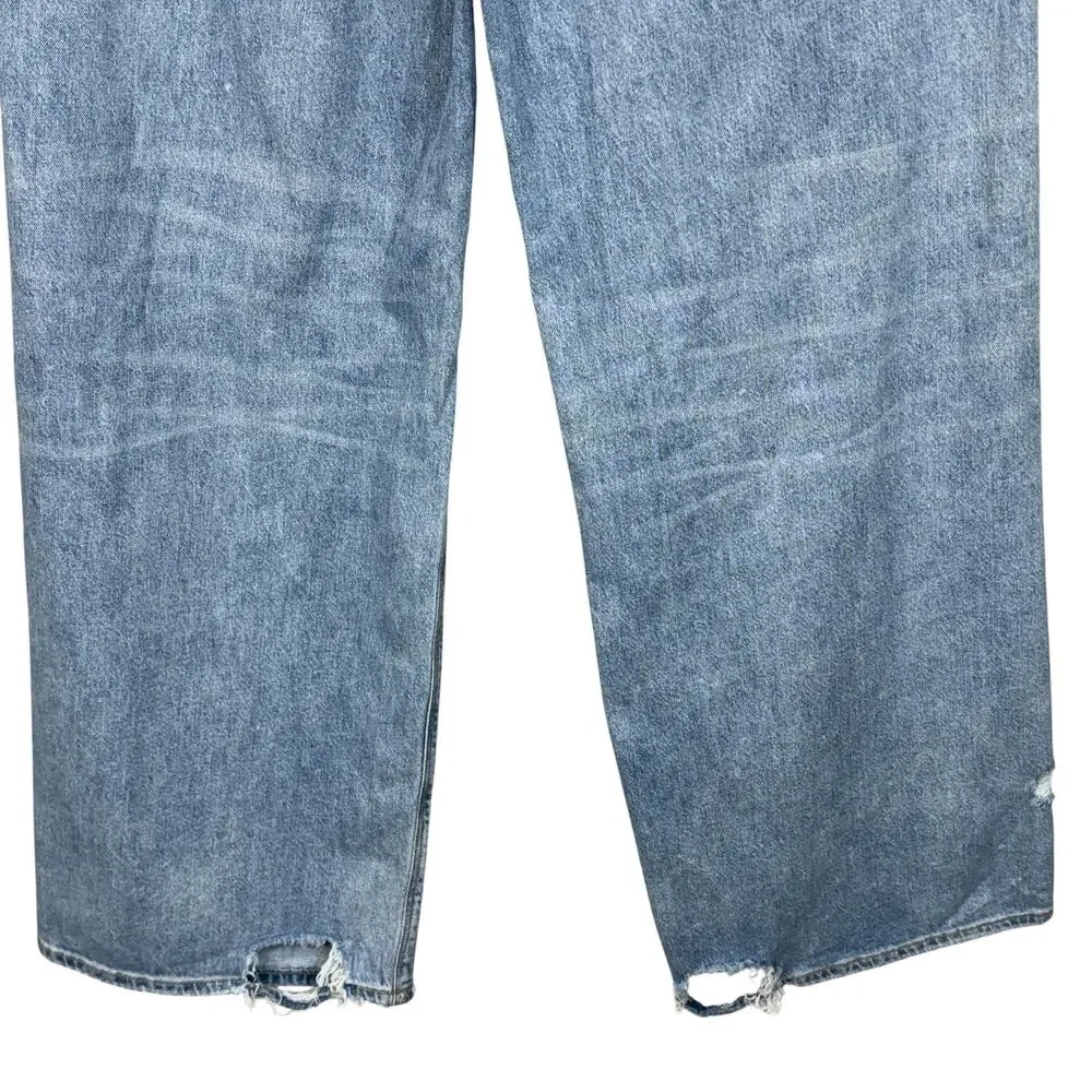 American Eagle SZ 10 Skater Jeans Wide-Leg Distressed Rips Zip-Fly Hi-Rise Blue - Picture 7 of 12